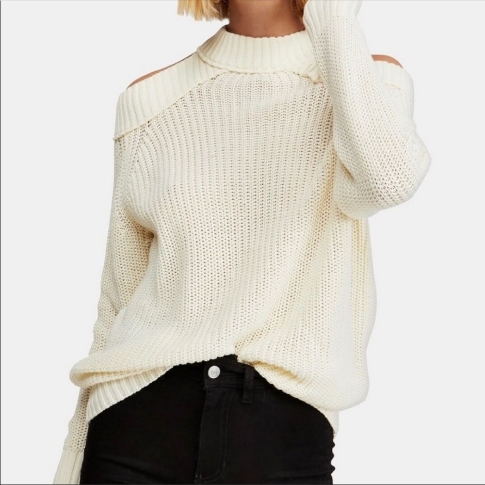 Free People Cold Shoulder Long Line Pullover Knit Sweater